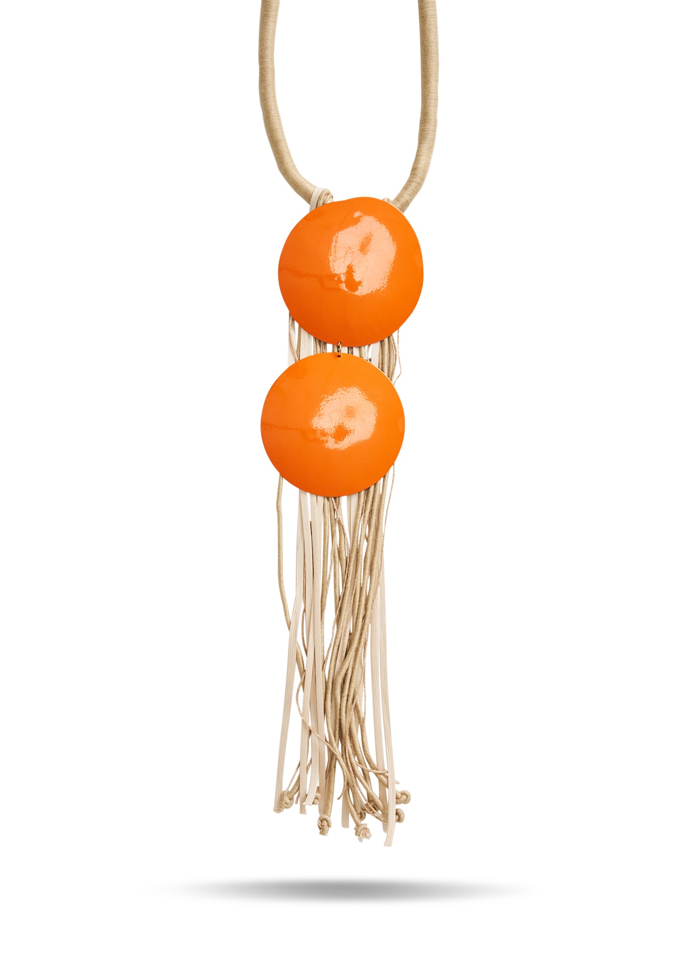 Handmade necklace with discs and natural orange wash thread