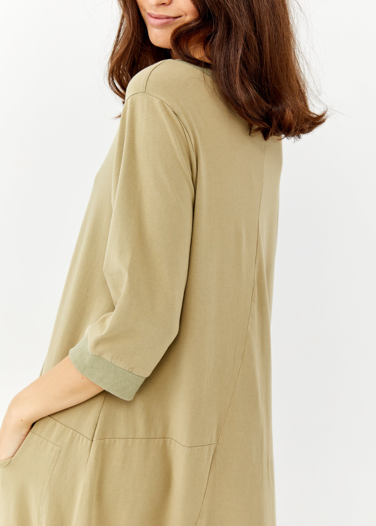 Green asymmetric pocket rib combination dress