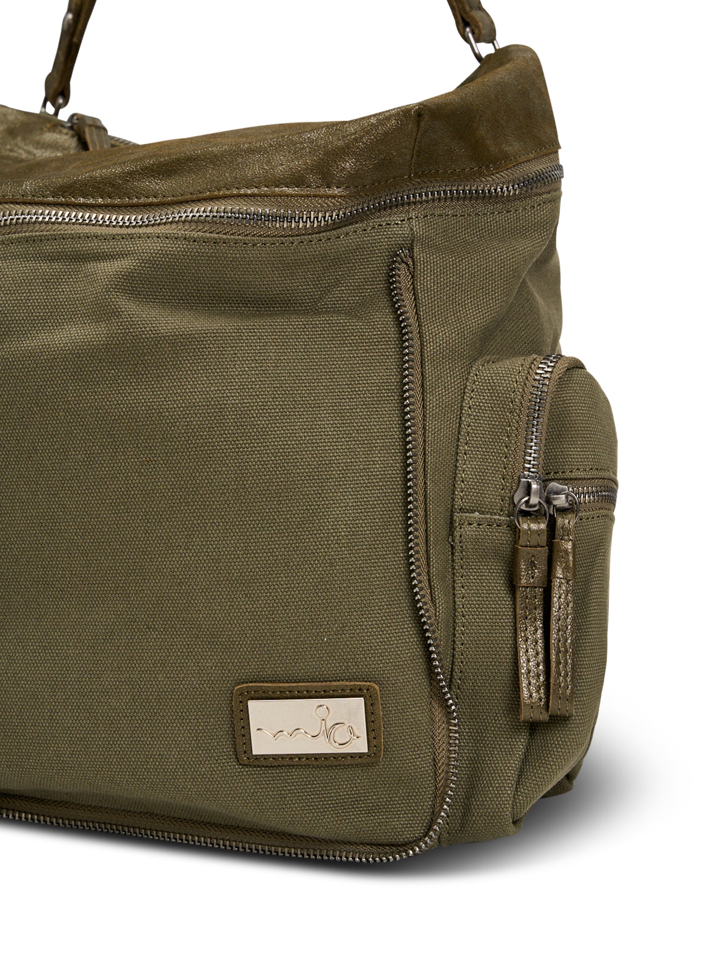 Dark green canvas and leather top zip backpack