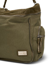 Dark green canvas and leather top zip backpack