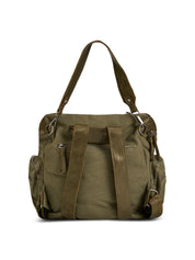 Dark green canvas and leather top zip backpack