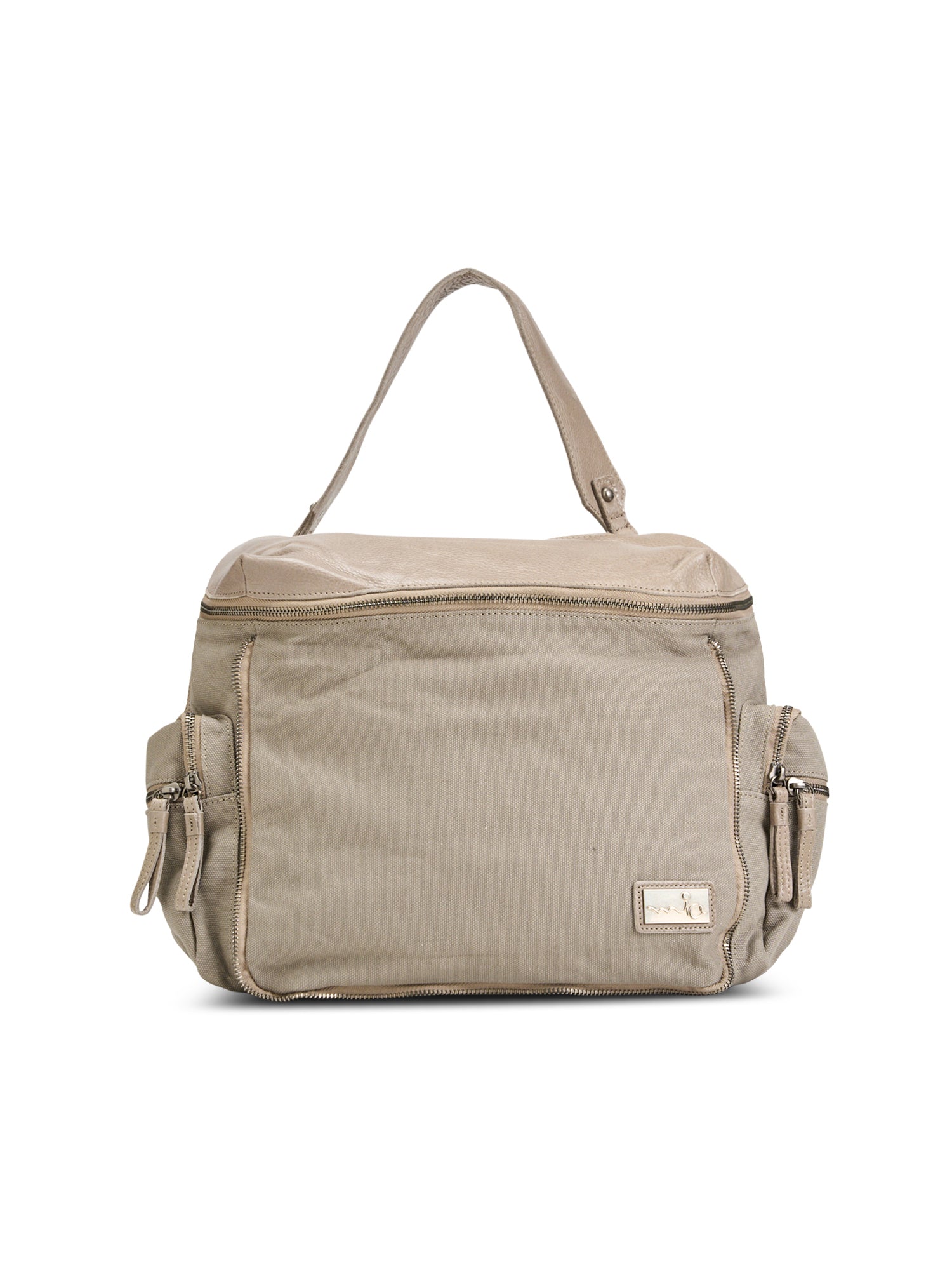 Beige canvas and leather top zip backpack