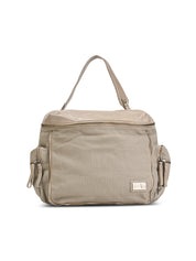 Beige canvas and leather top zip backpack