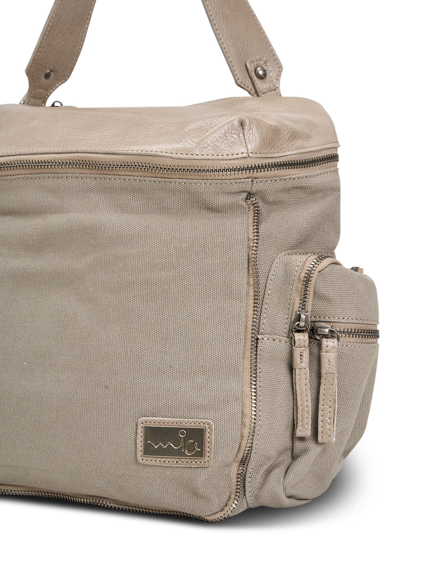 Beige canvas and leather top zip backpack
