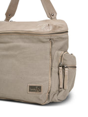 Beige canvas and leather top zip backpack