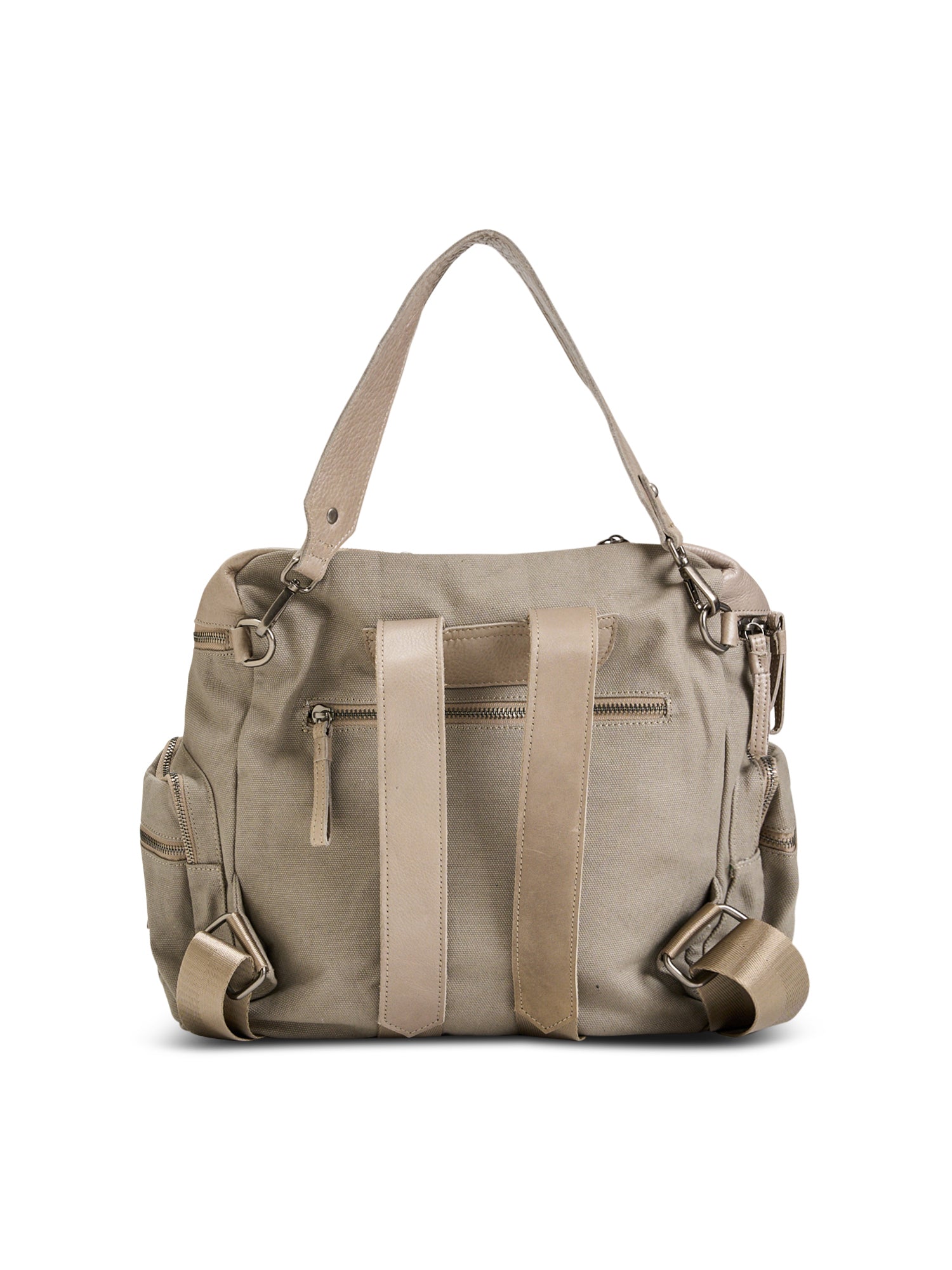 Beige canvas and leather top zip backpack