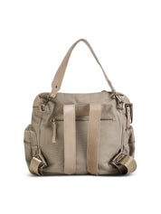 Beige canvas and leather top zip backpack