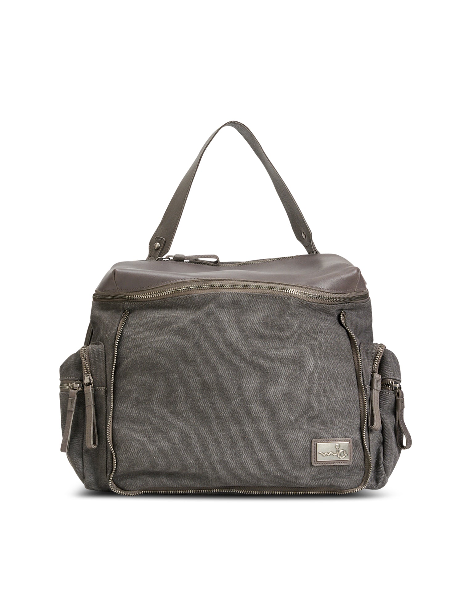 Gray canvas and leather top zip backpack