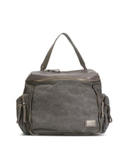 Gray canvas and leather top zip backpack