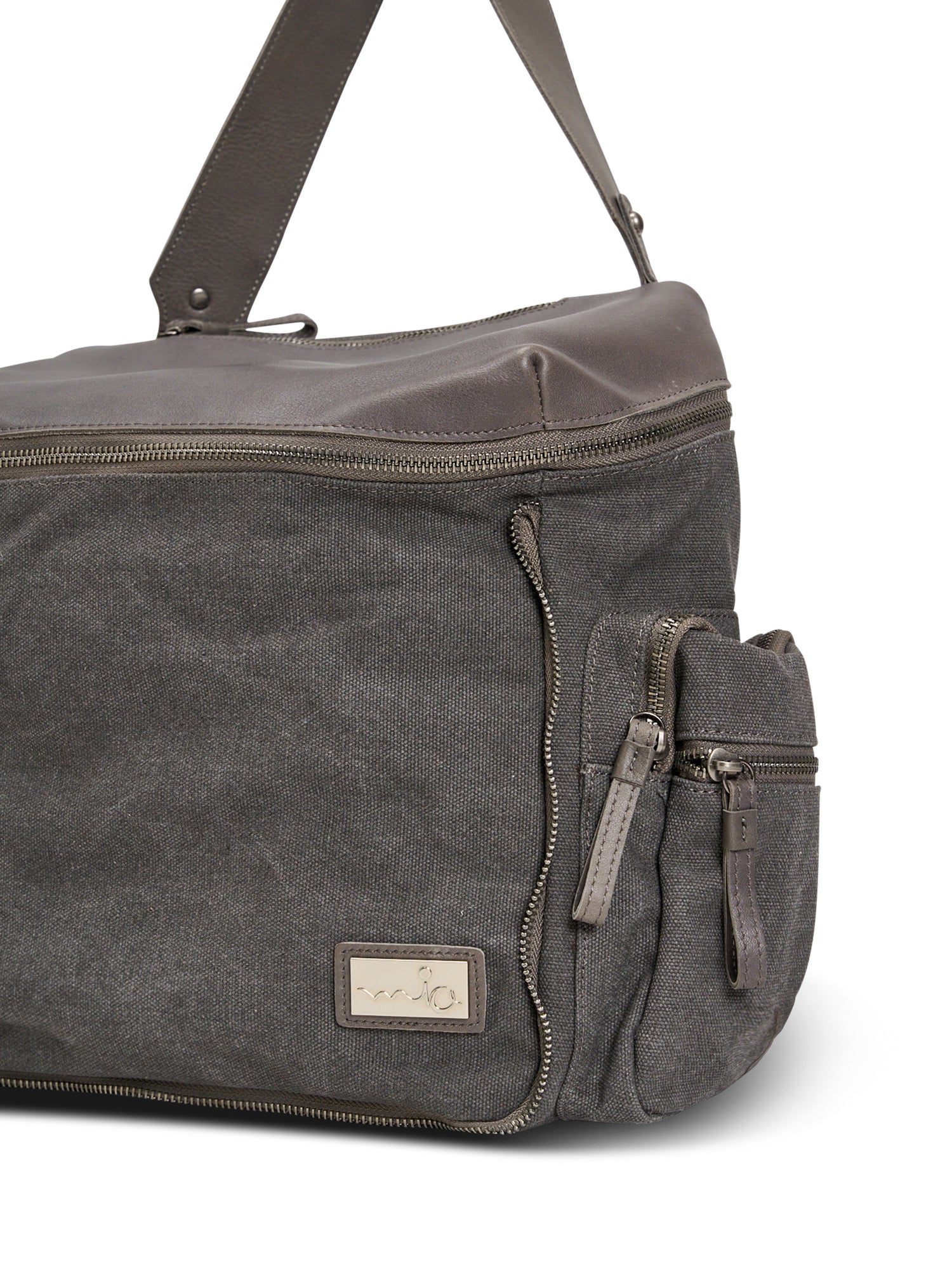 Gray canvas and leather top zip backpack