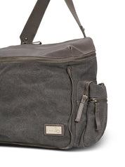 Gray canvas and leather top zip backpack