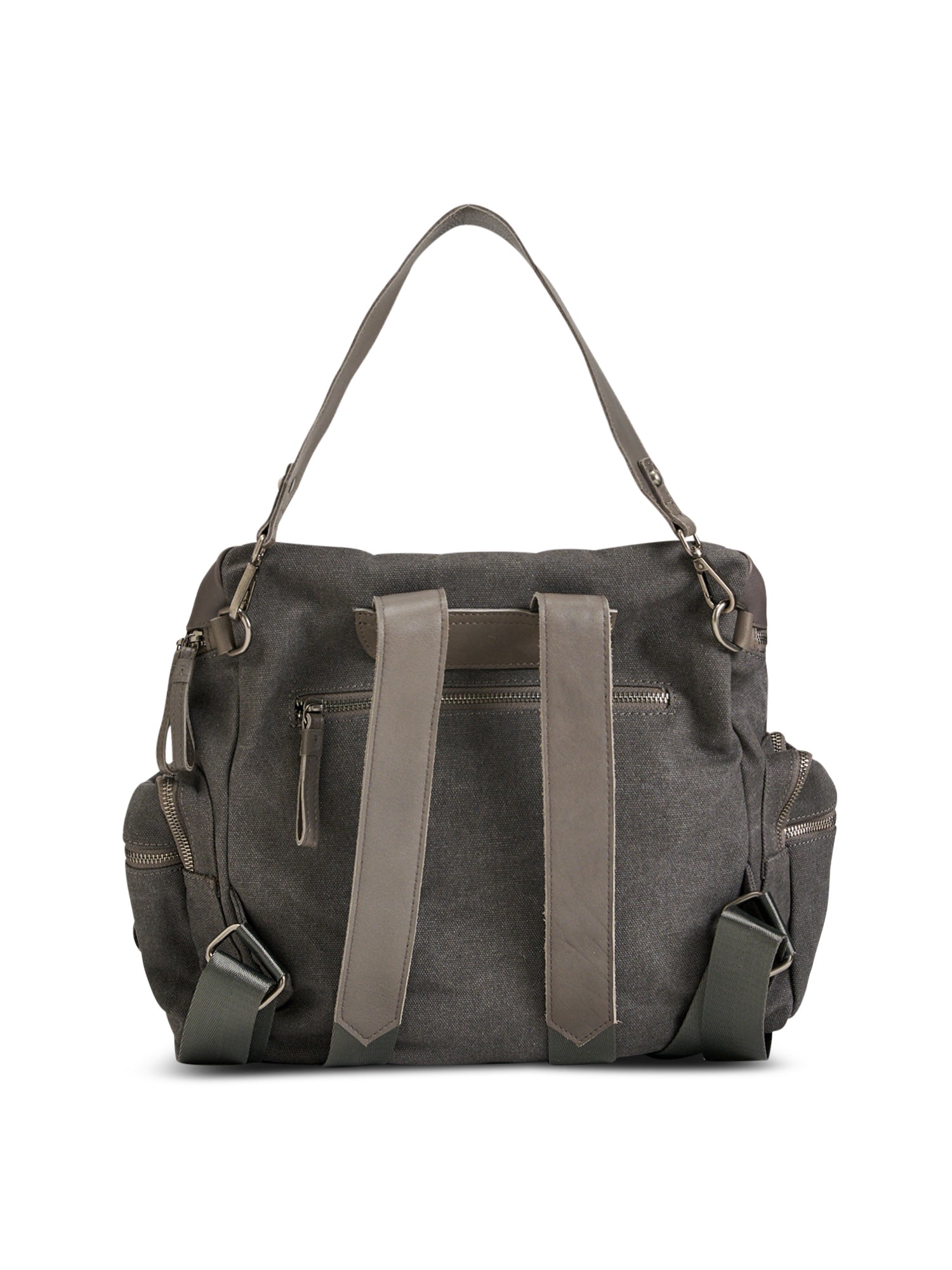 Gray canvas and leather top zip backpack