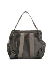 Gray canvas and leather top zip backpack