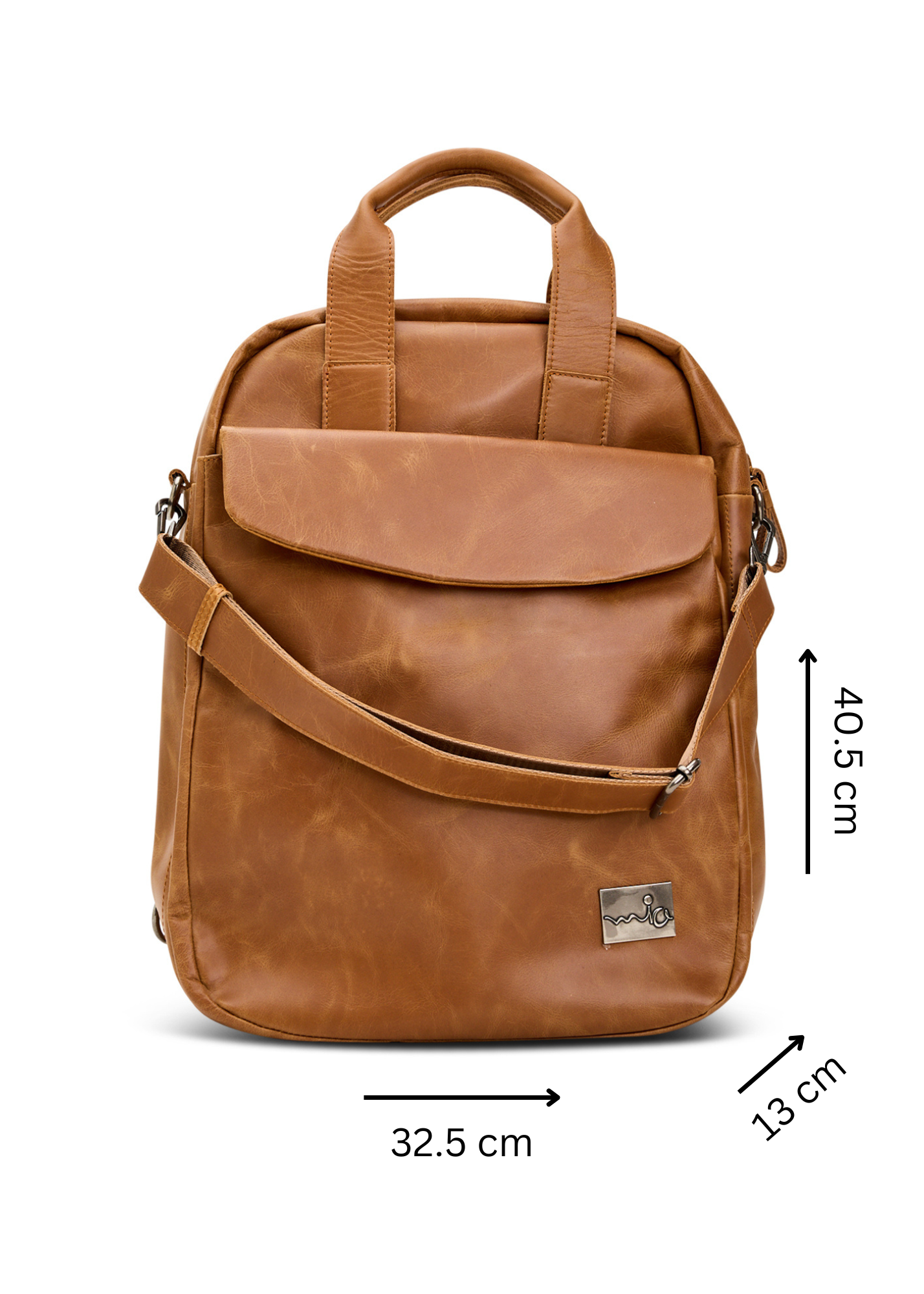 Brown leather backpack with large front pocket