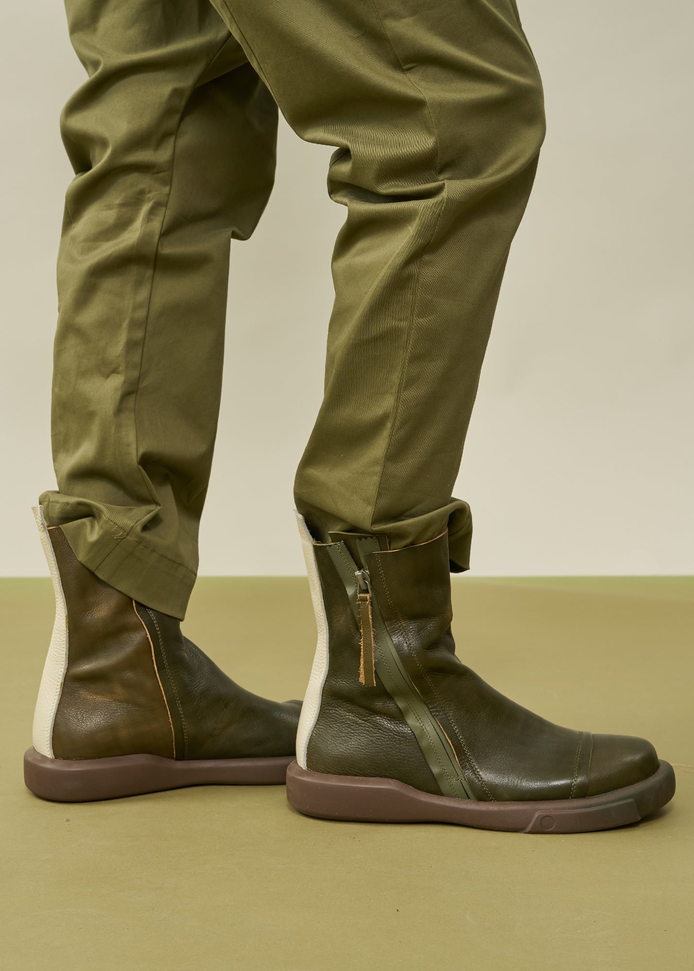 Brown leather comfort boots with reverse zipper