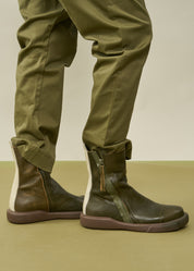 Brown leather comfort boots with reverse zipper