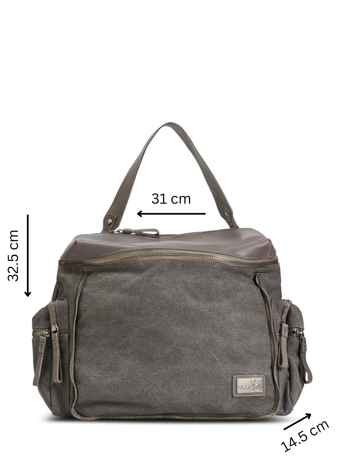 Gray canvas and leather top zip backpack