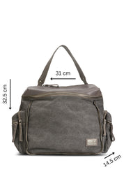 Gray canvas and leather top zip backpack
