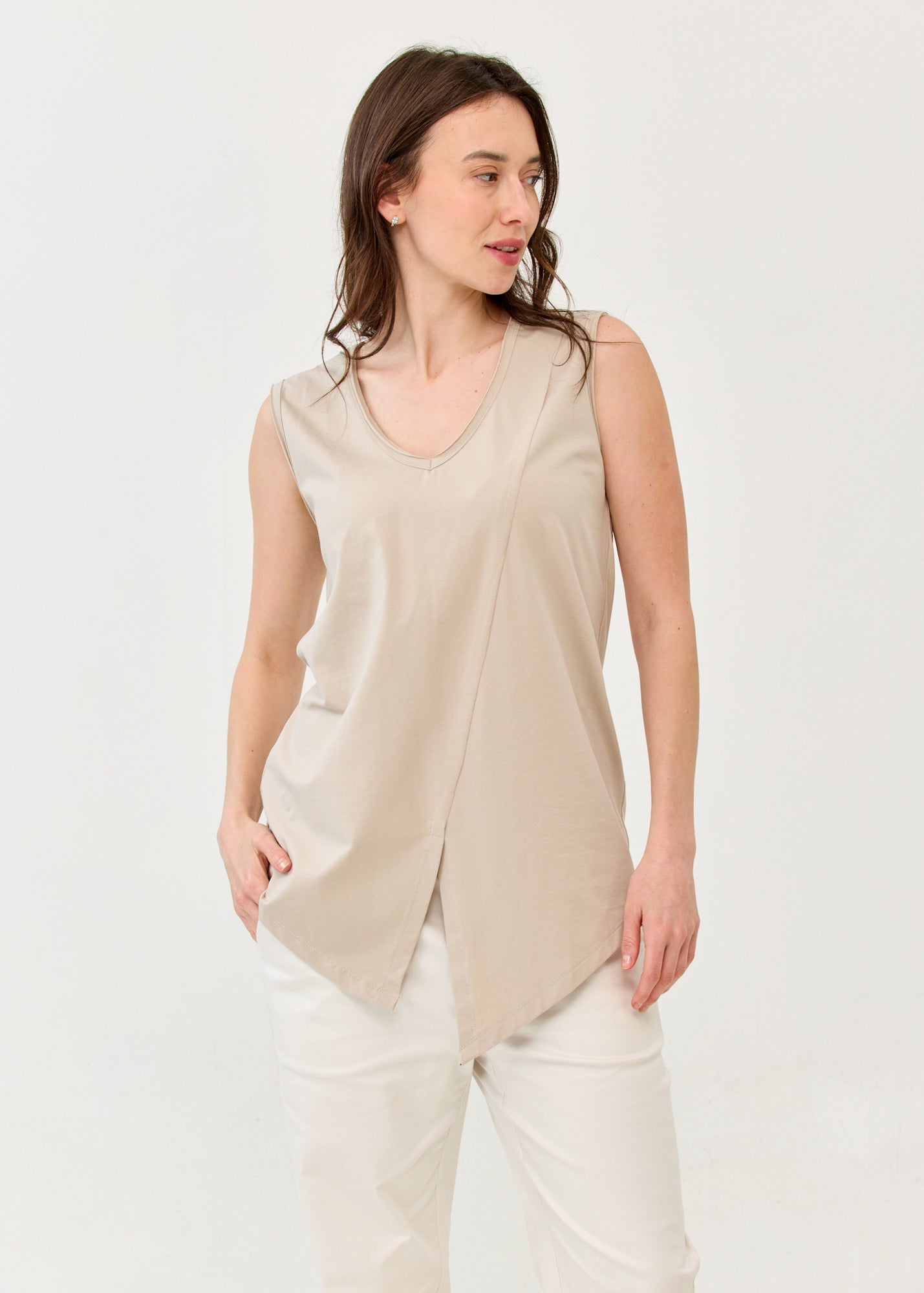 V-neck tank top with diagonal stitching and stone accents