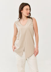 V-neck tank top with diagonal stitching and stone accents