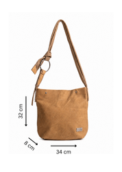 Leather bag with a strap that ties to a brown ring