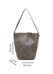 Grey leather strap bucket bag with button