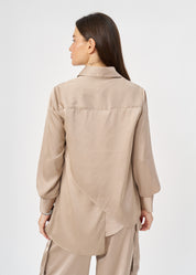 Brown satin button-down shirt with open sleeves