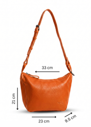 Orange leather evening bag with thin strap and ring