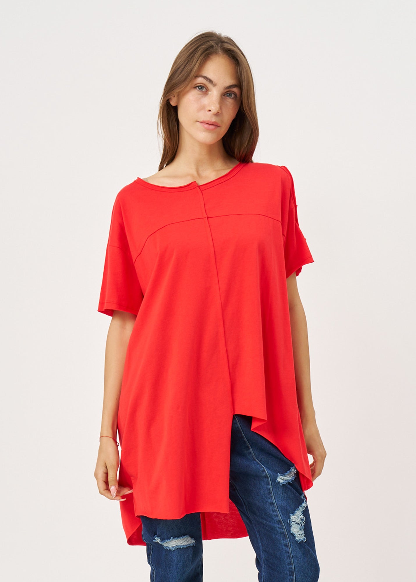 Red Asymmetrical Sleeve Open Shirt