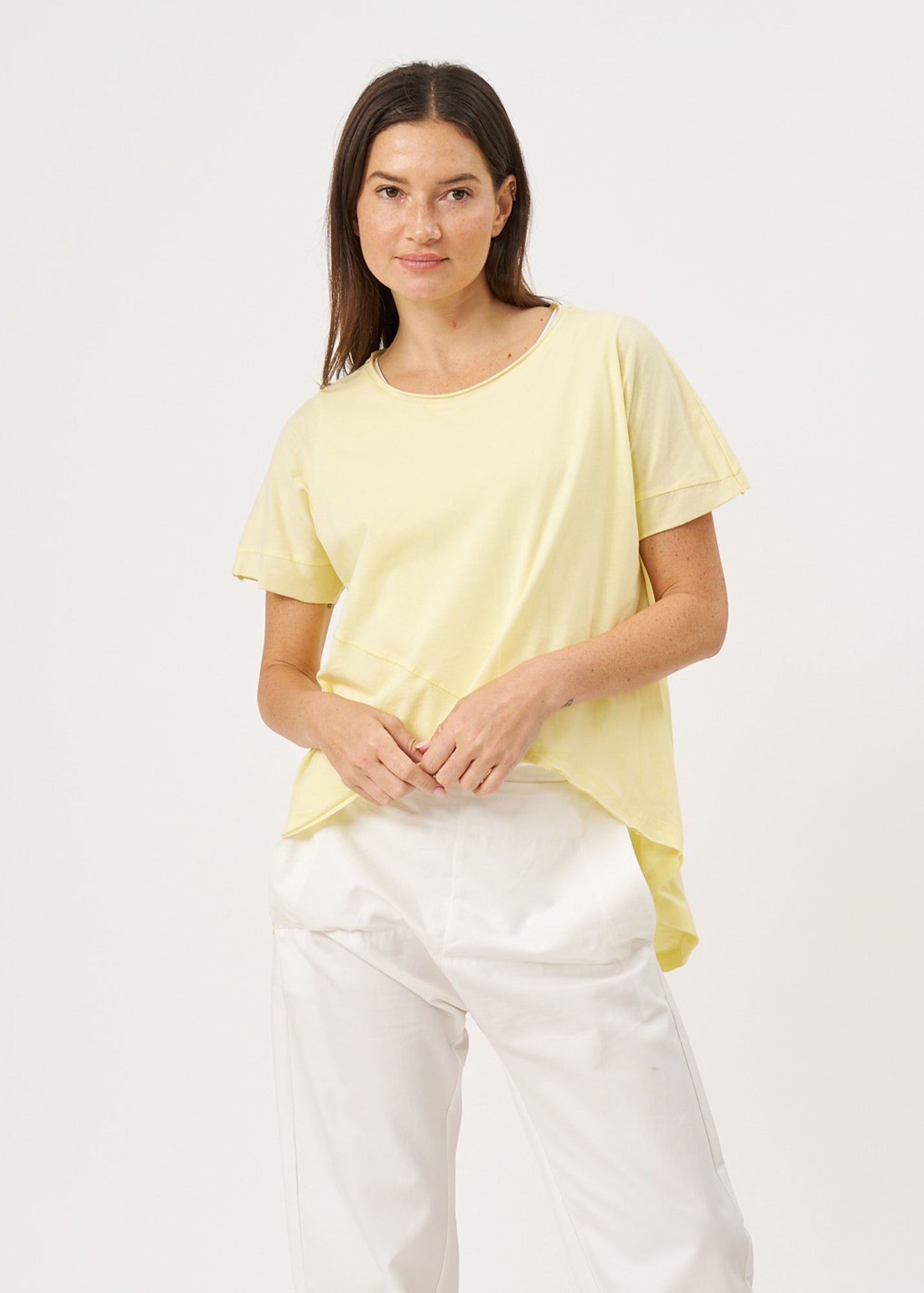 Yellow diagonal cut short sleeve tunic