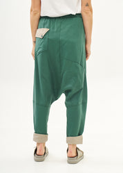 Green trousers with pleats, color combination, fold at the hem