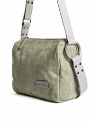 Green leather strap bag with snaps