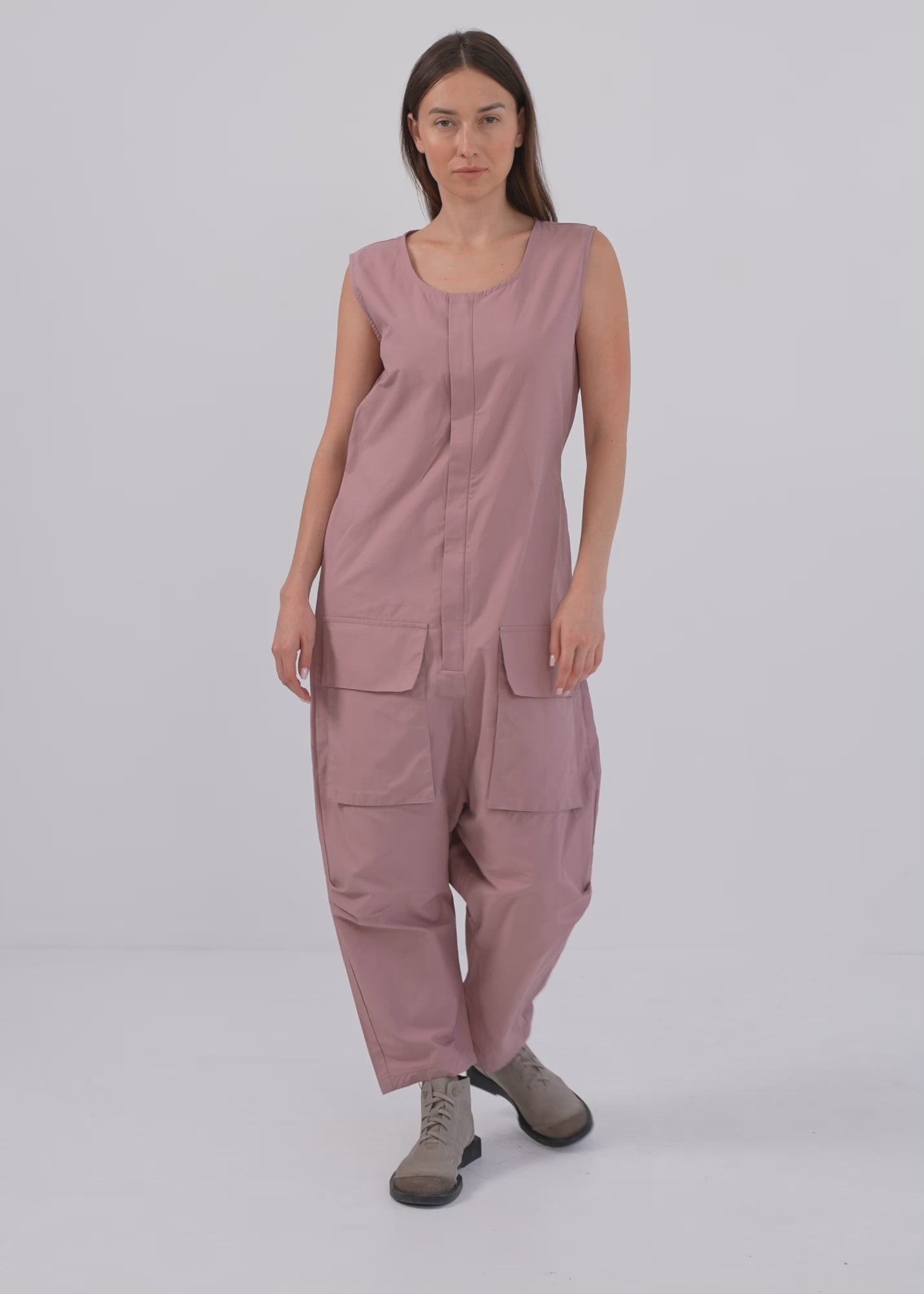 Brown sleeveless overalls with large pockets