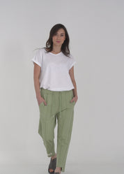 Pants seam in the middle and a dark green patch