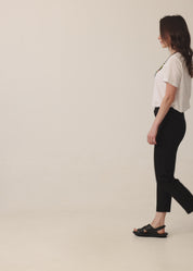 Black trousers with lycra, elastic, and an internal drawstring