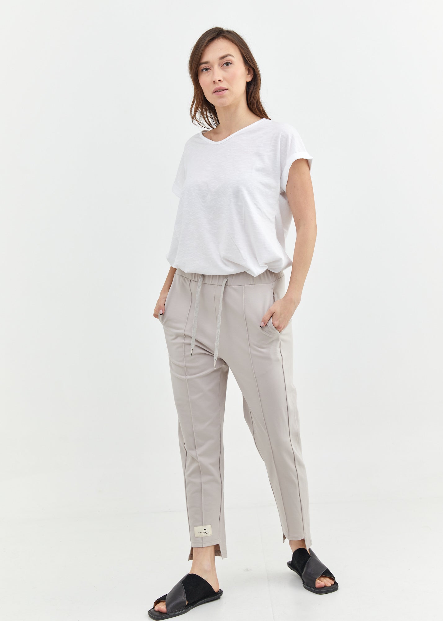 Pants seam in the middle and a gray patch