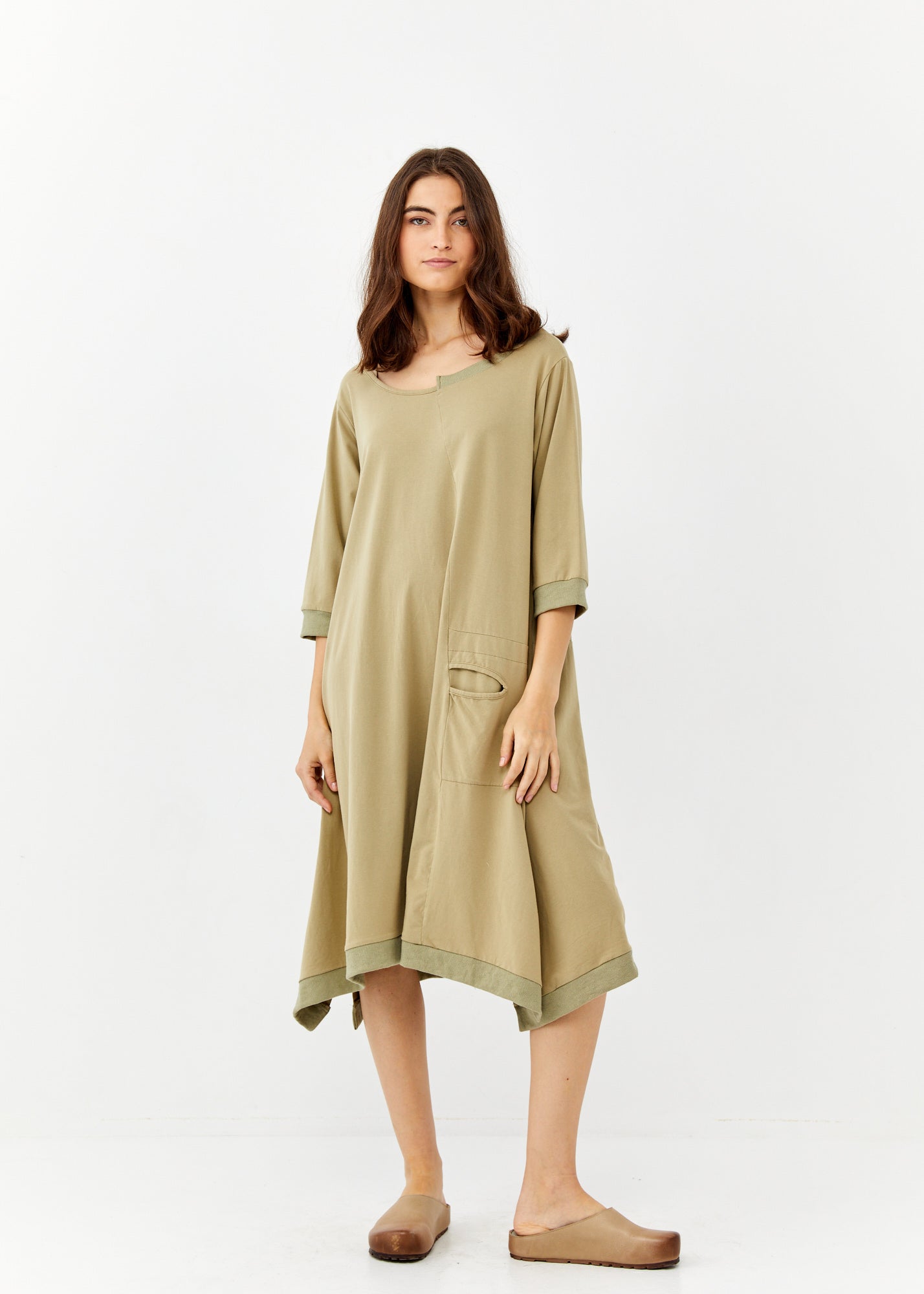 Green asymmetric pocket rib combination dress