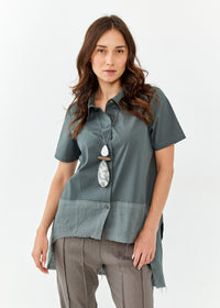 Short sleeve buttoned shirt green linen combination - 01